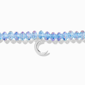 Silver Crescent Moon Blue Beaded Stretch Bracelet,