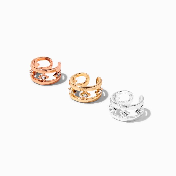 Mixed Metal Crystal Embellished Ear Cuffs - 3 Pack,