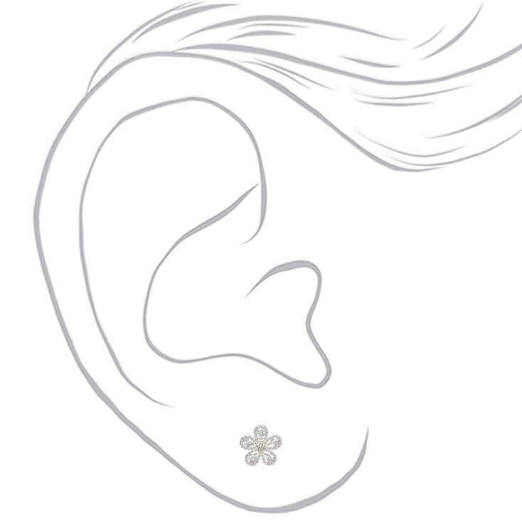 Silver Cubic Zirconia Flower Stud Earrings,