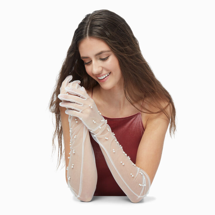Pearl Studded Sheer Long White Gloves,