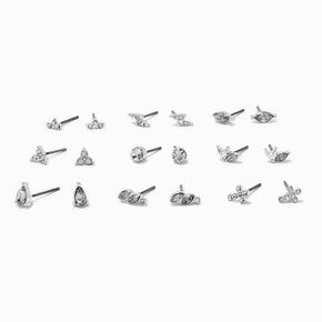 Silver-tone Crystal Cross Mixed Stud Earrings Set - 9 Pack,