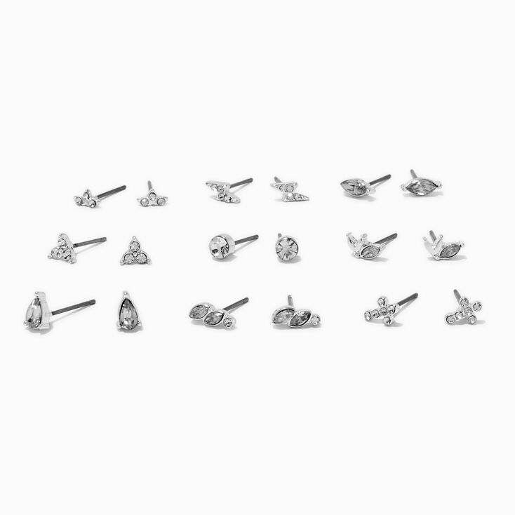Silver-tone Crystal Cross Mixed Stud Earrings Set - 9 Pack,