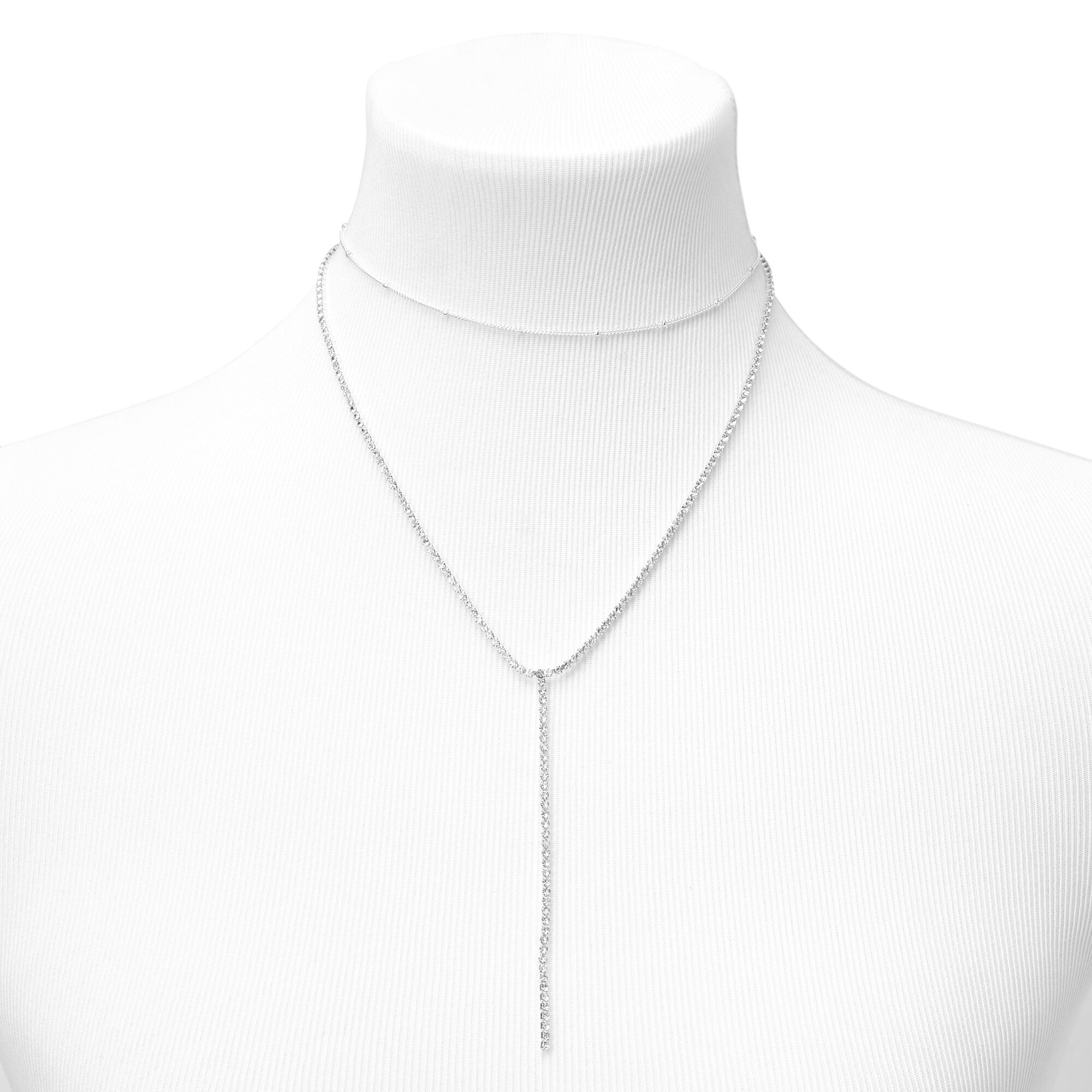 Silver Glass Rhinestone Ball Chain Y-Neck Long Necklace,