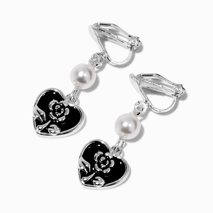 Black Heart &amp; Pearl 1&#39;&#39; Clip-On Drop Earrings,