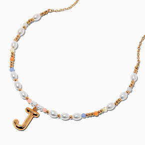 Gold-tone Bubble Initial Pastel Beaded Pendant Necklace - J,