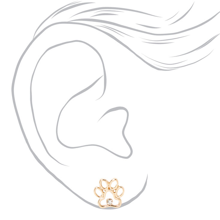 Gold-tone Crystal Paw Print Stud Earrings,