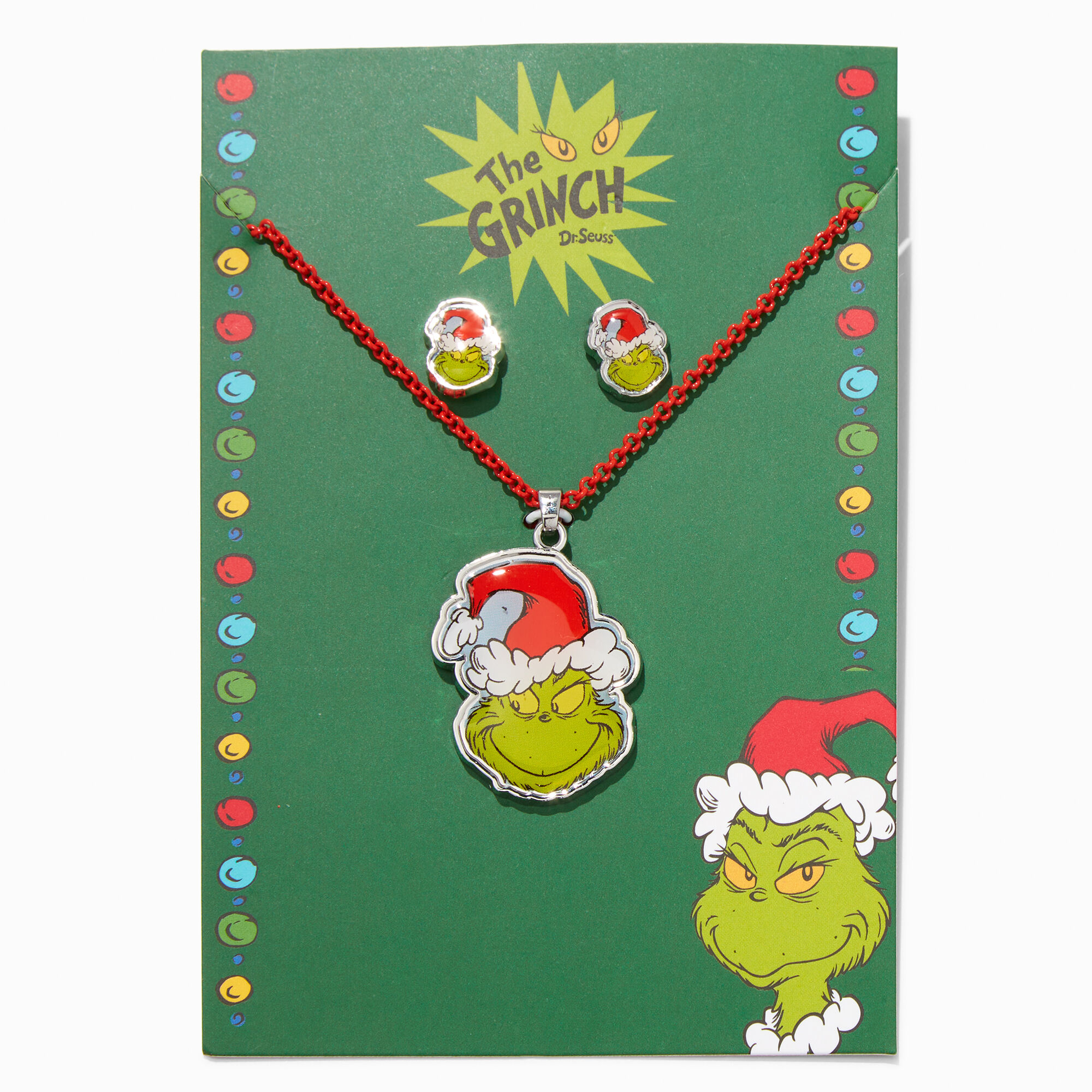 Dr. Seuss The Grinch Pendant Necklace Stud Earrings Set