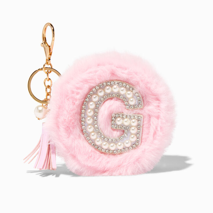 Pink Furry Pearl Initial Coin Purse Keychain - G,
