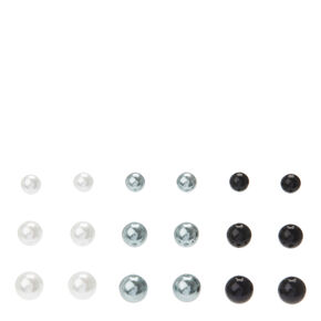 White, Grey and Silver-tone Graduated Pearl Ball Stud Earrings,