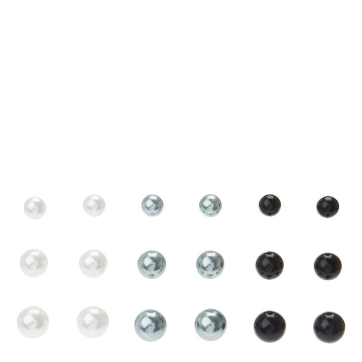 White, Grey and Silver-tone Graduated Pearl Ball Stud Earrings,