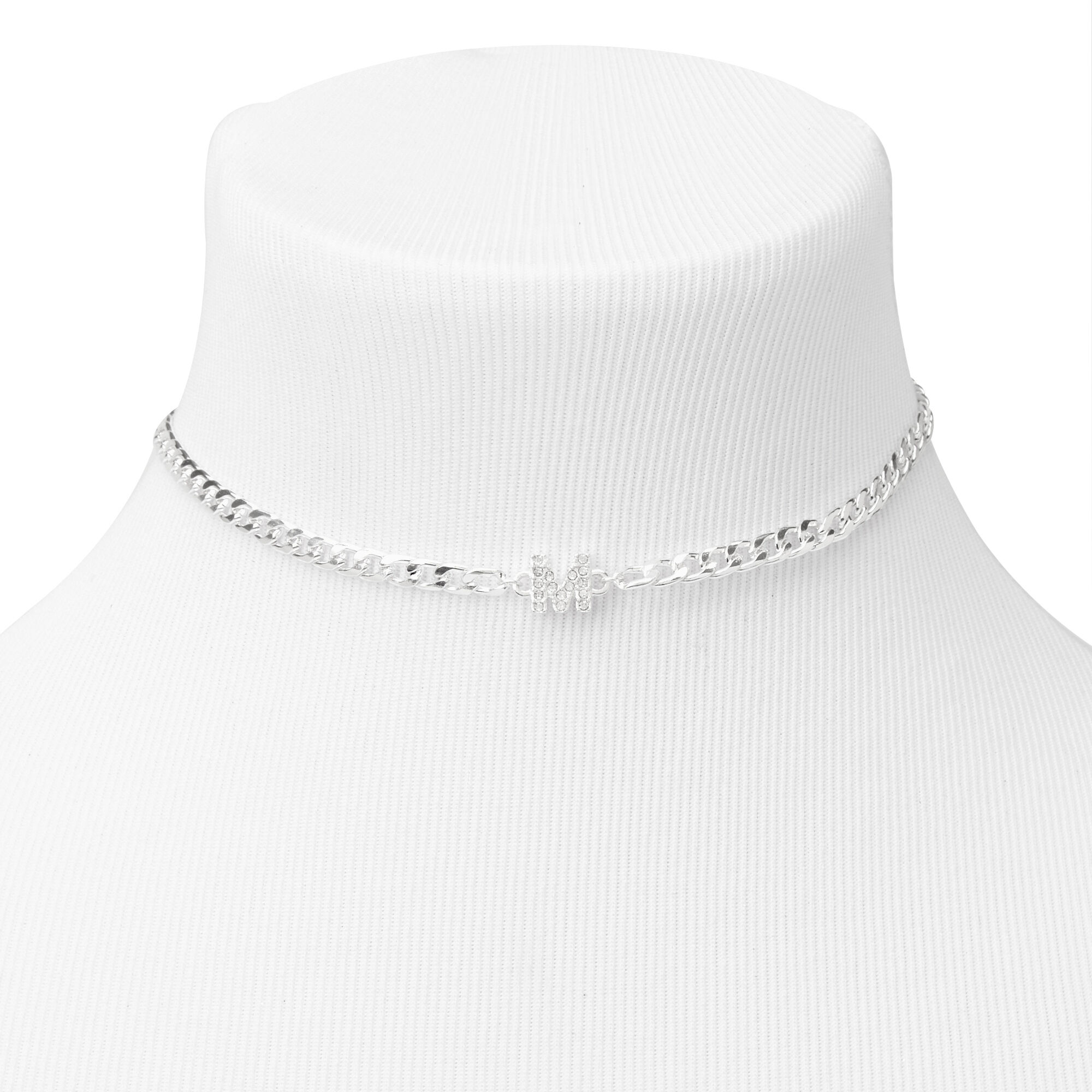 Silver Embellished Initial Chain Choker Necklace - M,