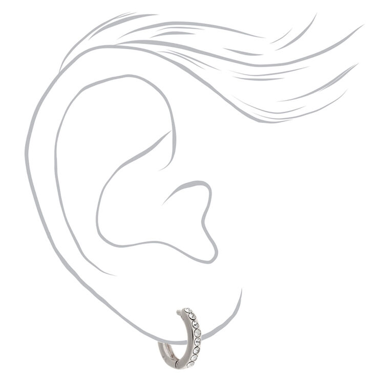 Silver 10MM Embellished Huggie Hoop Earrings,
