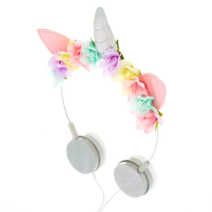 Casque audio motif floral licorne couleur argent&eacute;,