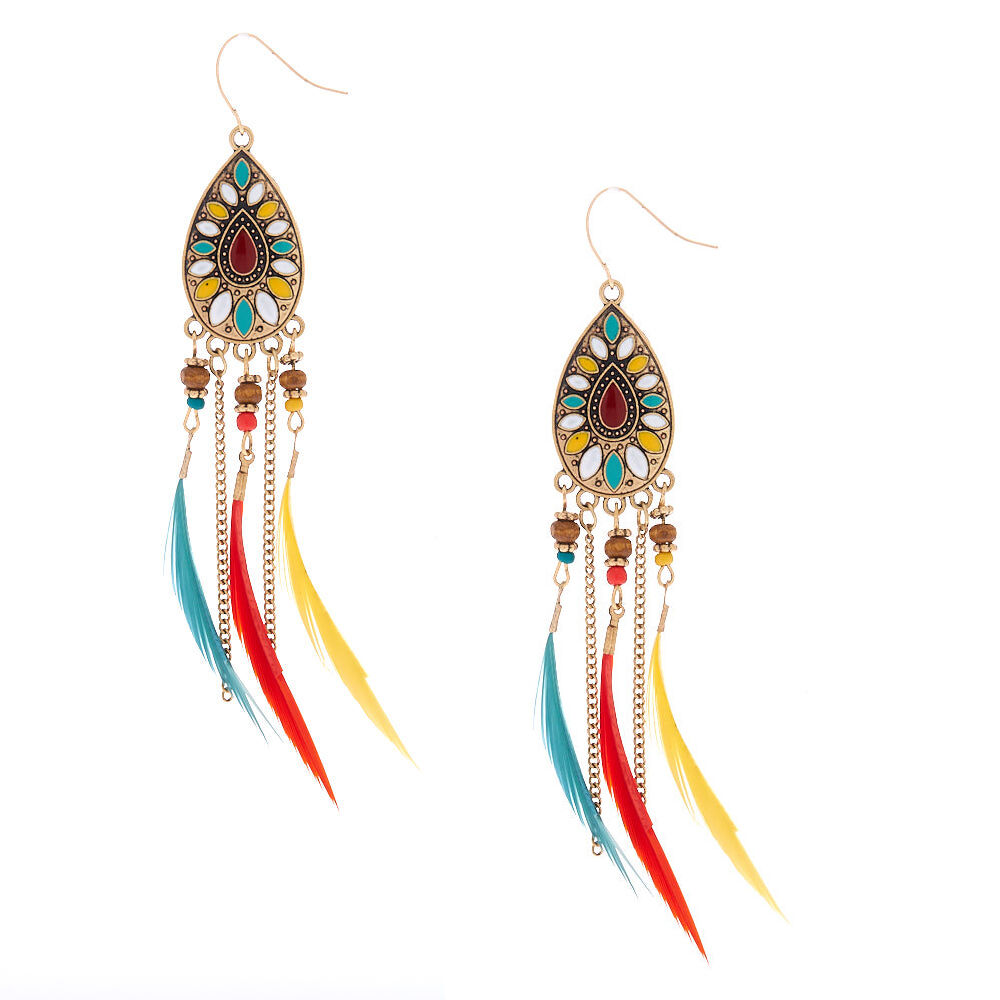Gold 4" Beaded Feather Teardrop Drop Earrings,