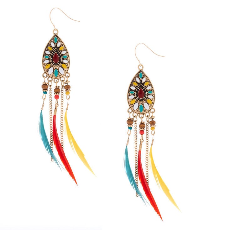 Claire's Pendantes en gouttes à plumes et perles d’imitation rouges 10 cm couleur doré