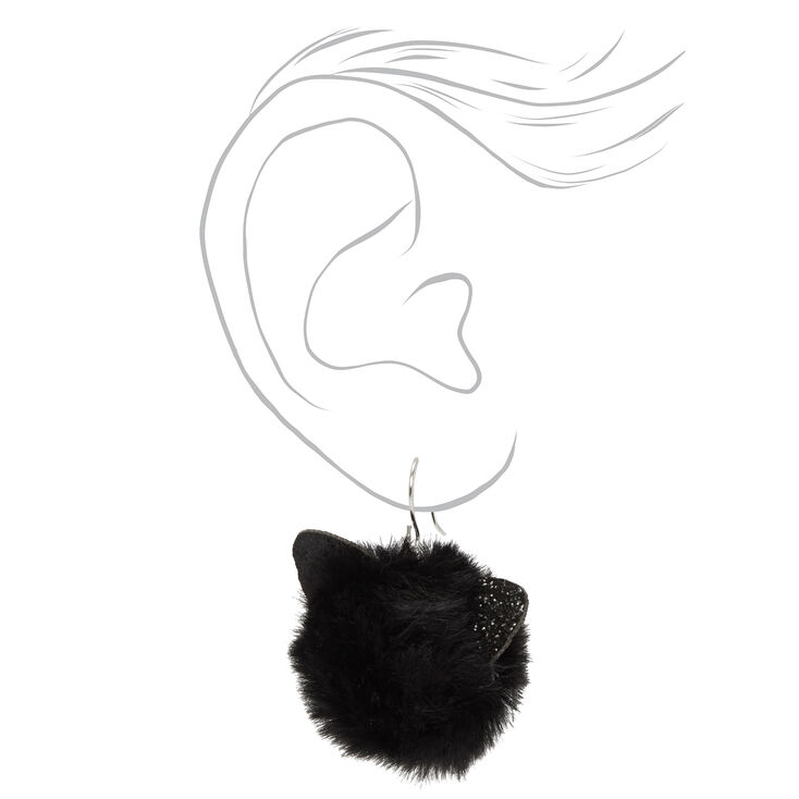 Silver 2&quot; Black Cat Pom Drop Earrings,