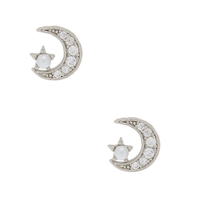 Sterling Silver Pearl Moon Stud Earrings,