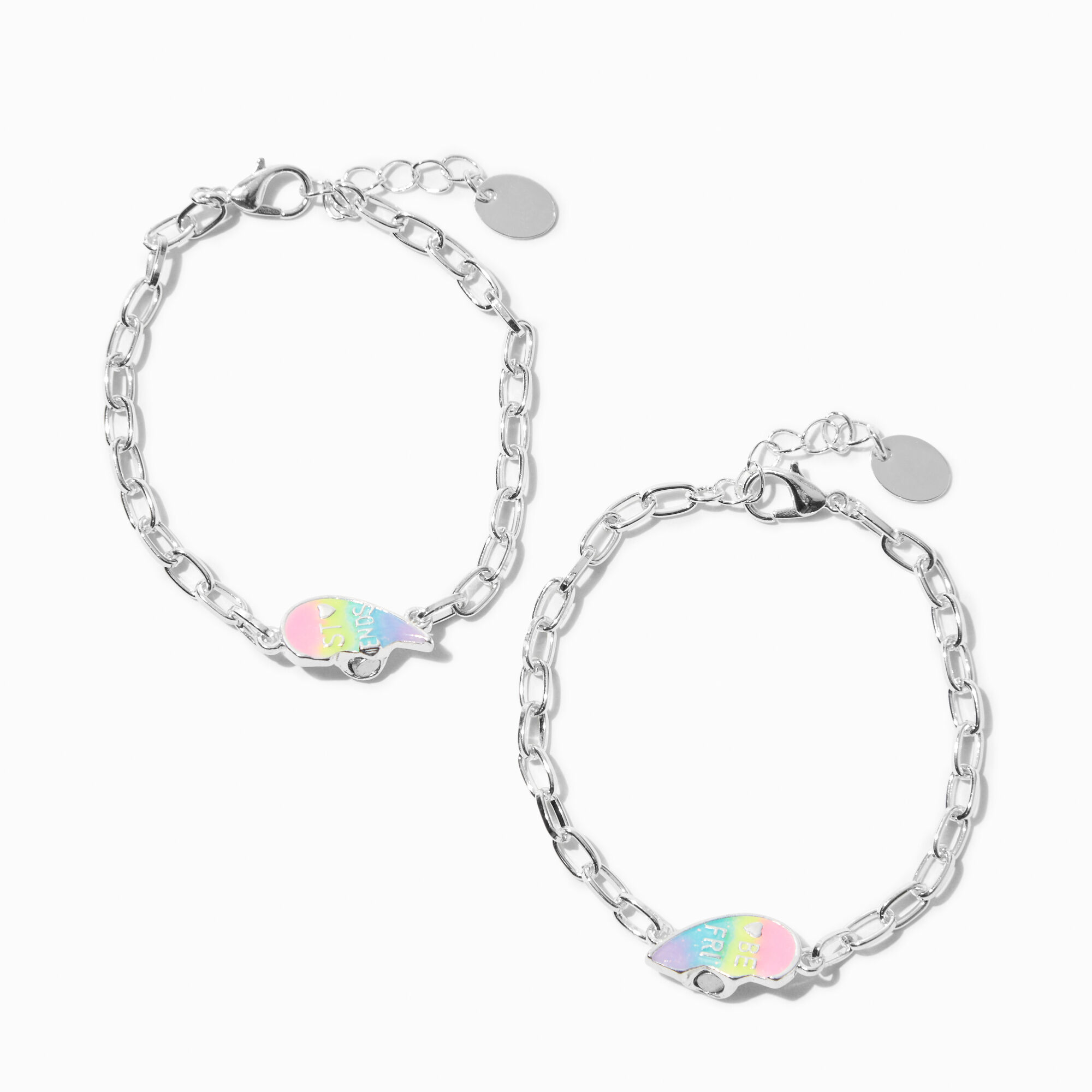 View Claires Best Friends Glow In The Dark Rainbow Split Heart Charm Bracelets 2 Pack Silver information