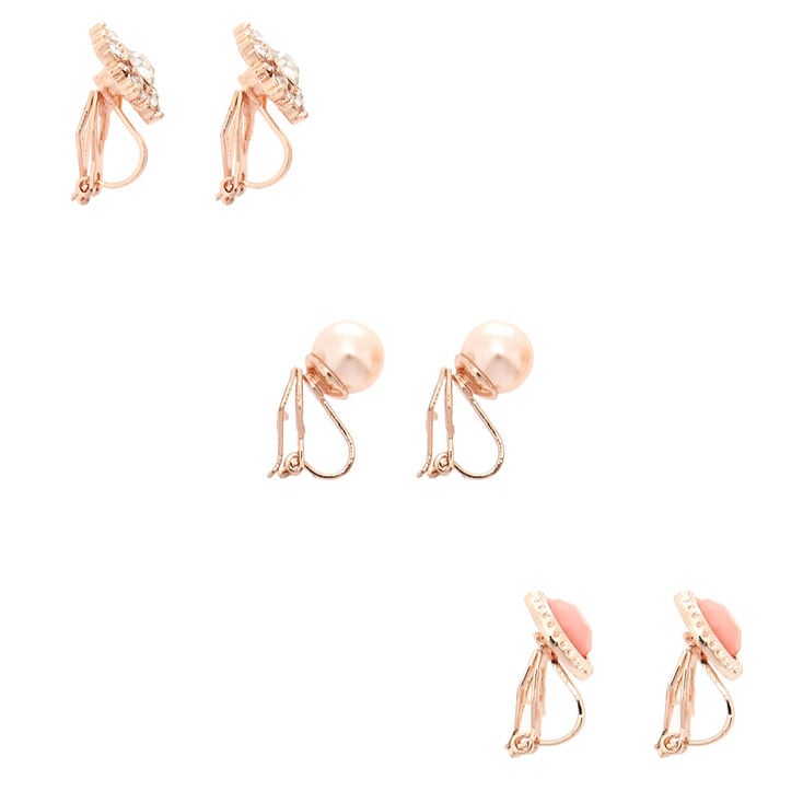 Rose Gold Embellished Clip On Stud Earrings - 3 Pack,