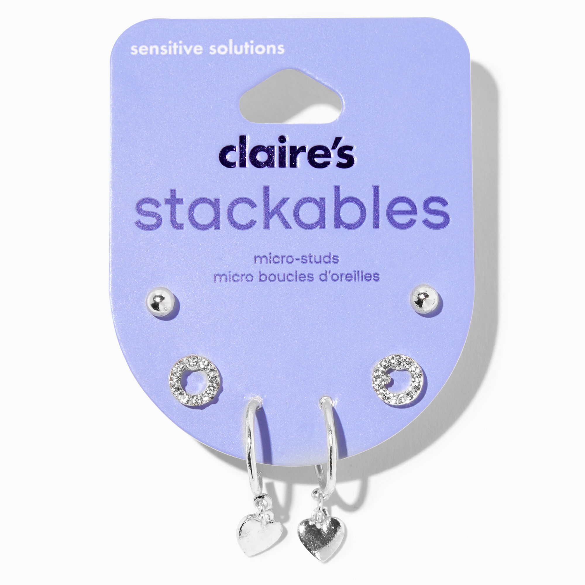 Silver Circle Stud & Heart Hoop Earring Stackables Set - 3 Pack,