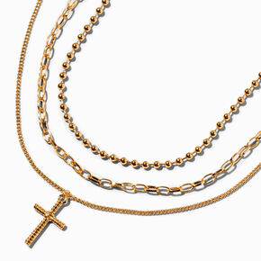 Gold-tone Cross Pendant &amp; Chain Necklaces - 3 Pack,
