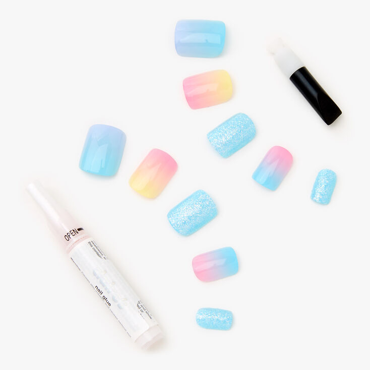 Blue Ombre Glitter Square Faux Nail Set - 24 Pack,