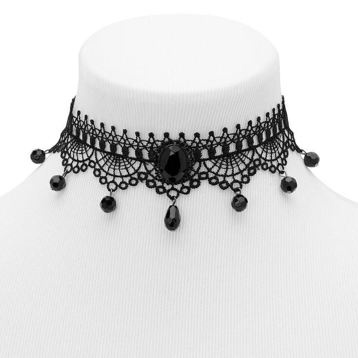 Black Beaded Lace Choker Necklace,