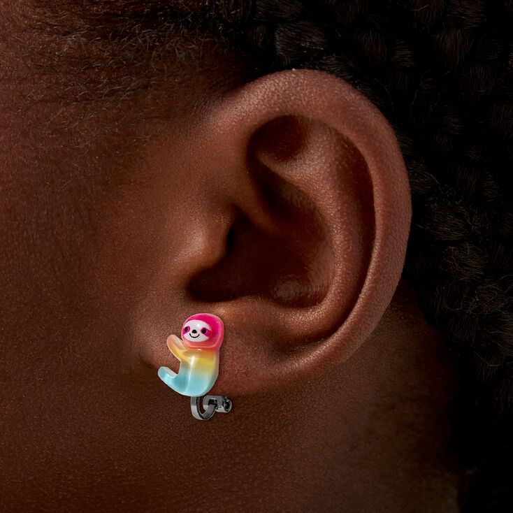 Rainbow Sloth Clip-On Stud Earrings,