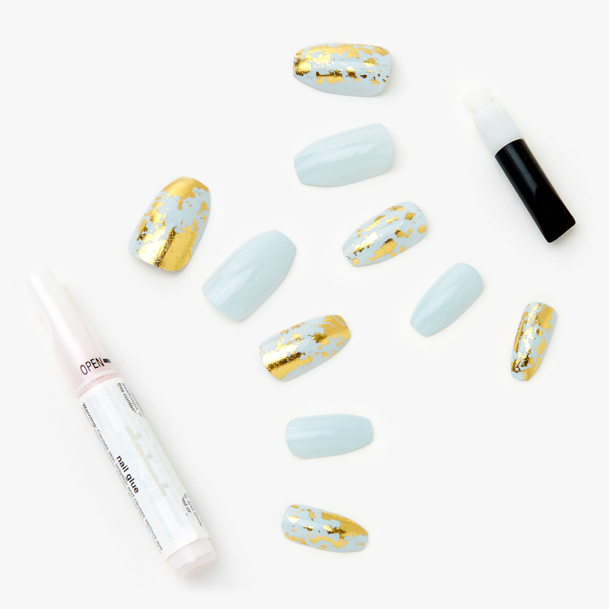 Light Blue Marble Foil Coffin Faux Nail Set - 24 Pack,