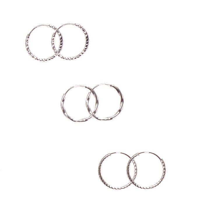 Silver 15MM Textured Hoop Earrings - 3 Pack,
