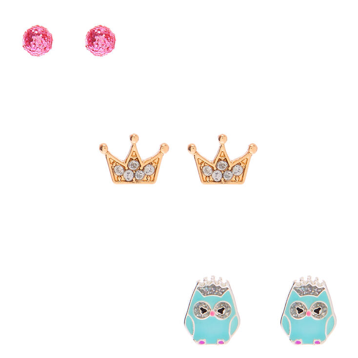 Mixed Metal Owl Crown Stud Earrings - 3 Pack,