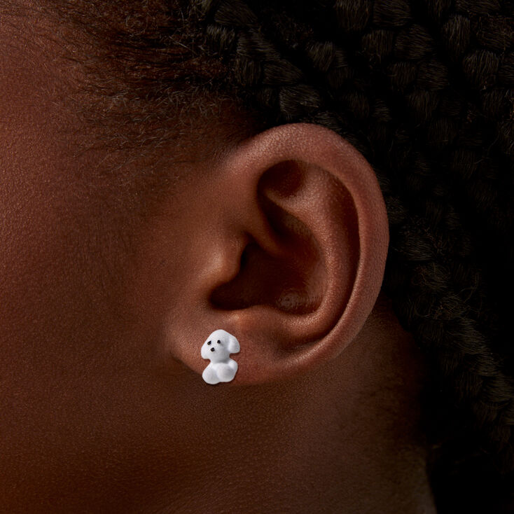 White Fuzzy Puppy Stud Earrings,