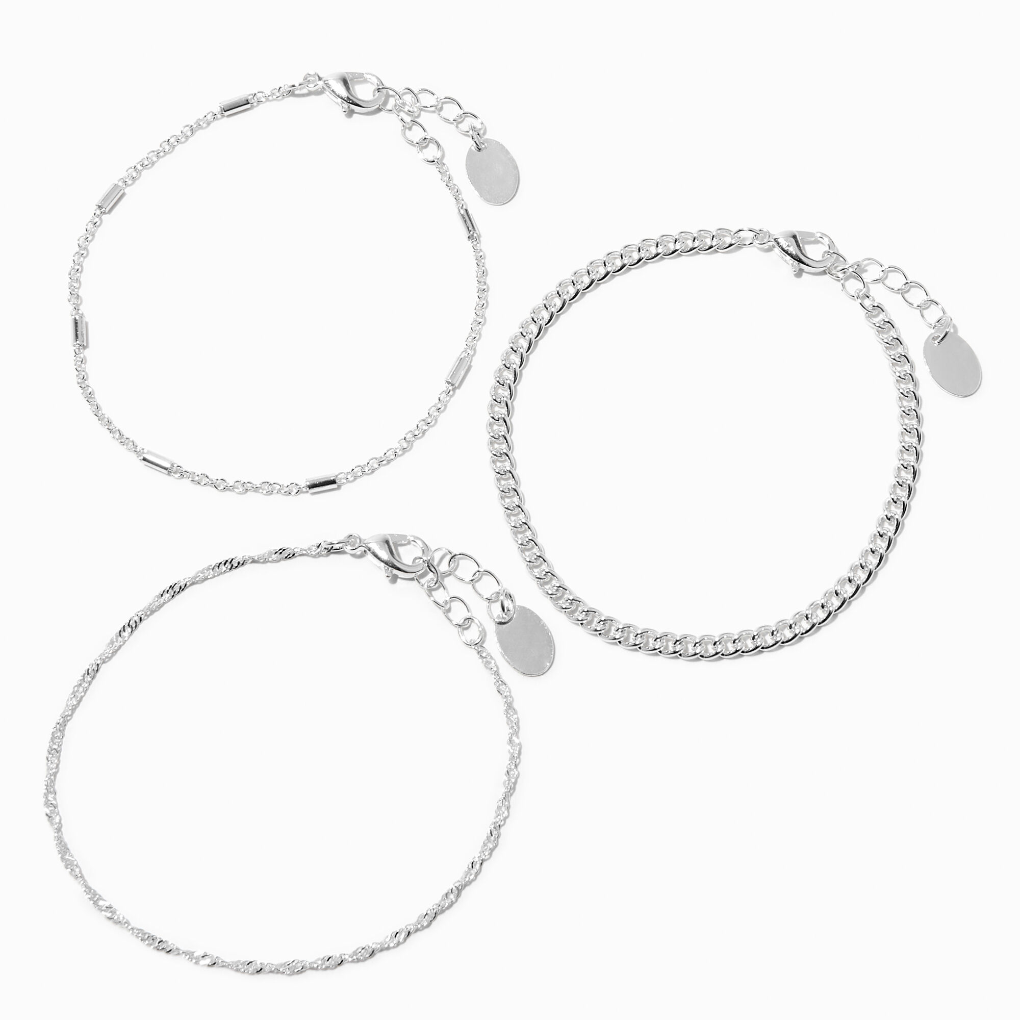View Claires Recycled Jewelry Tone Mixed Chain Bracelets 3 Pack Silver information