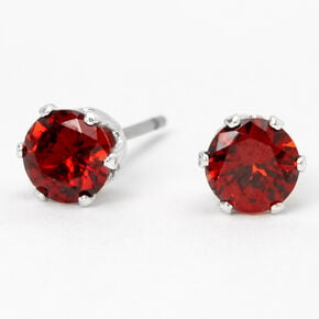 Silver Cubic Zirconia Round Stud Earrings - Ruby, 5MM,