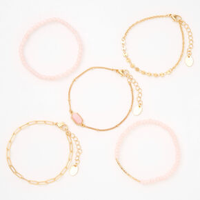 Lot de bracelets perl&eacute;s couleur dor&eacute;e et roses - Lot de 5,
