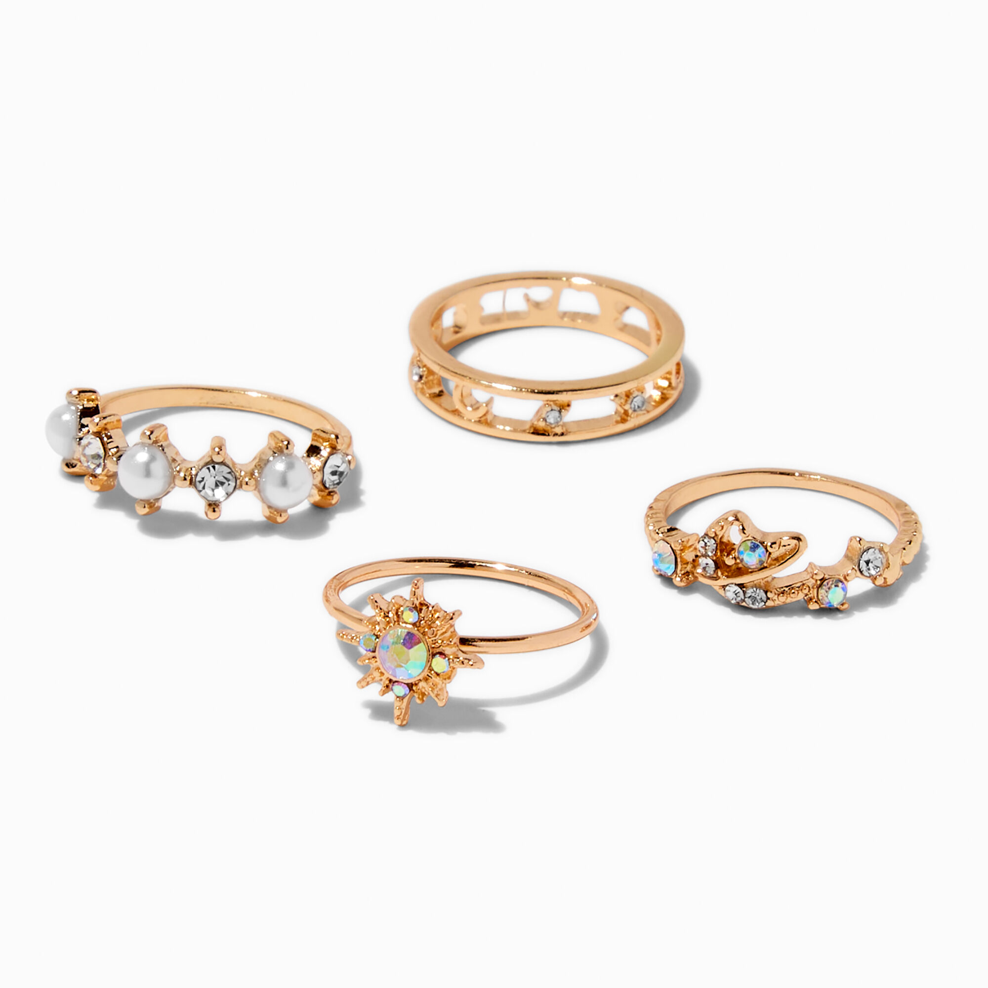 View Claires Tone Iridescent Celestial Ring Set 4 Pack Gold information
