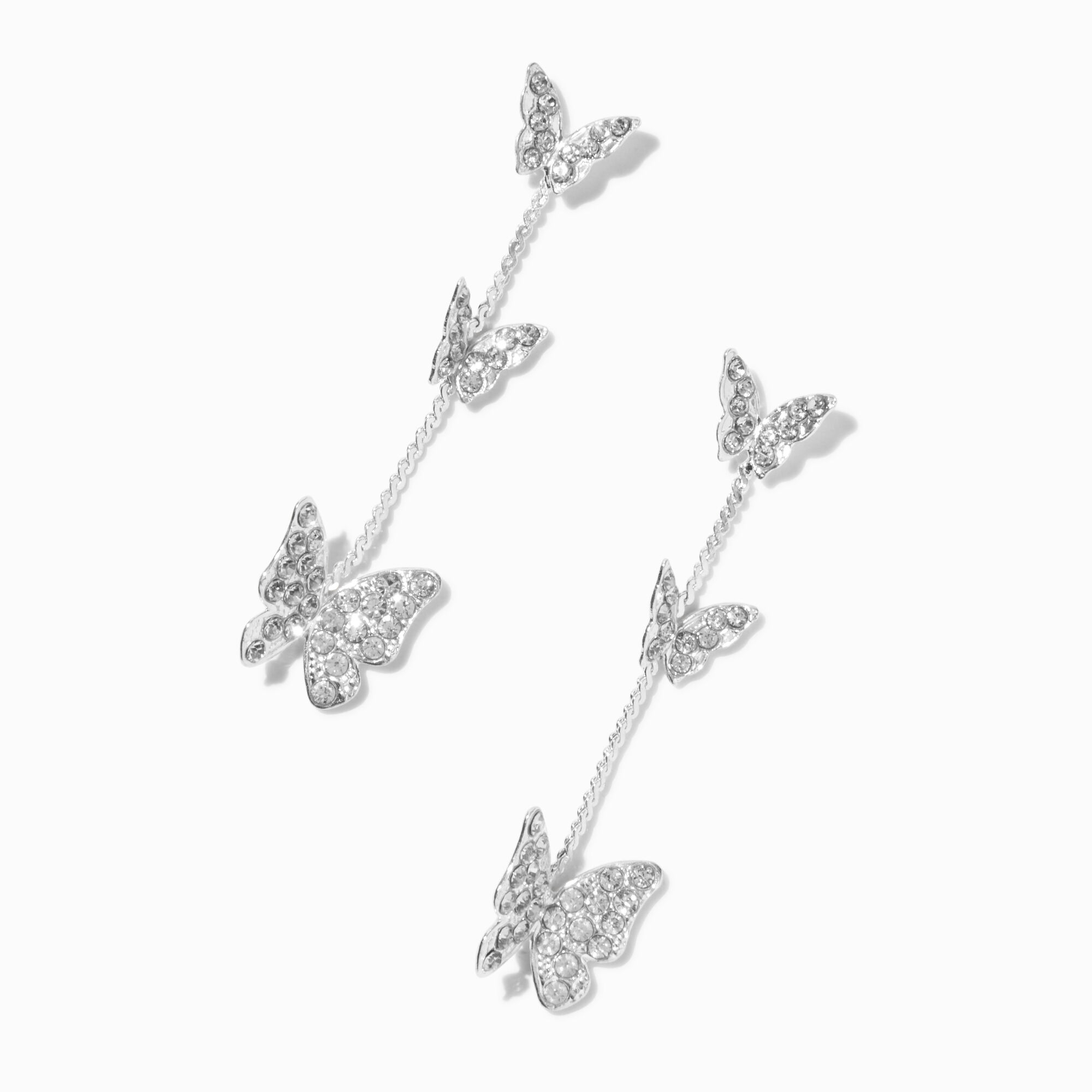 View Claires Butterfly Trio Pavé Crystal 2 Drop Earrings Silver information