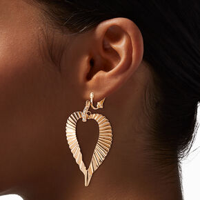 Gold-tone Textured Heart Clip-On Drop Earrings,