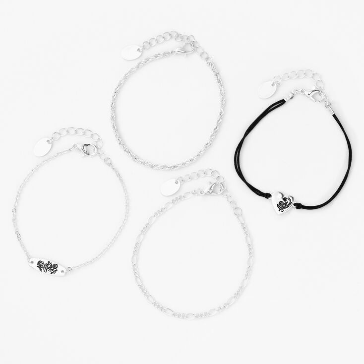 Silver Floral Tag Bracelets - 4 Pack,