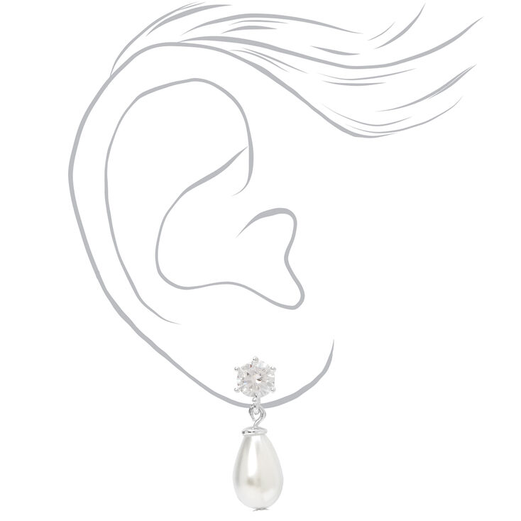 Silver 0.5&quot; Crystal Pearl Teardrop Drop Earrings,