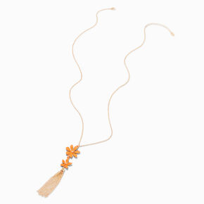 Orange Daisy Gold-tone Tassel Long Pendant Necklace,