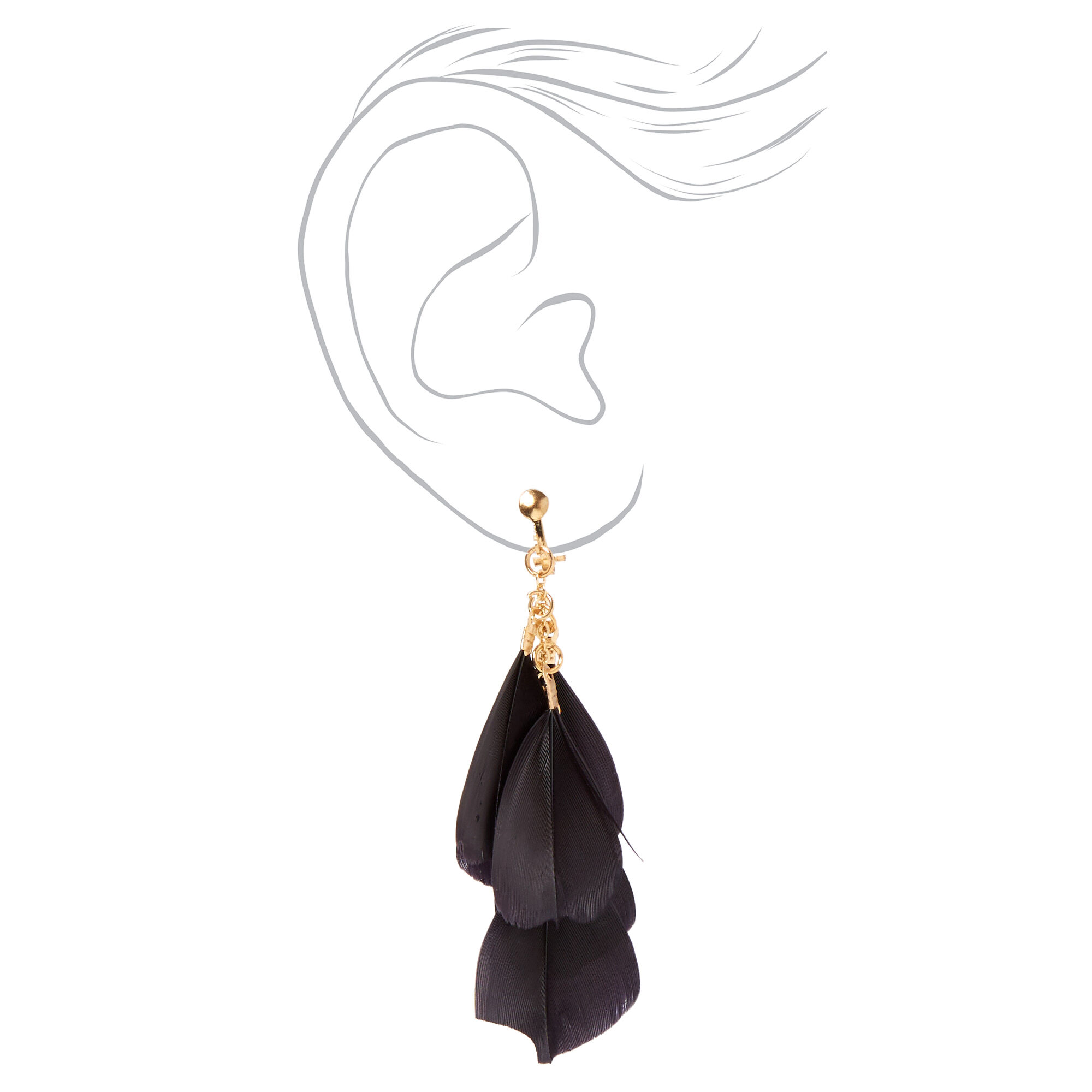 Gold 3" Six Feather Clip On Drop Earrings - Black,