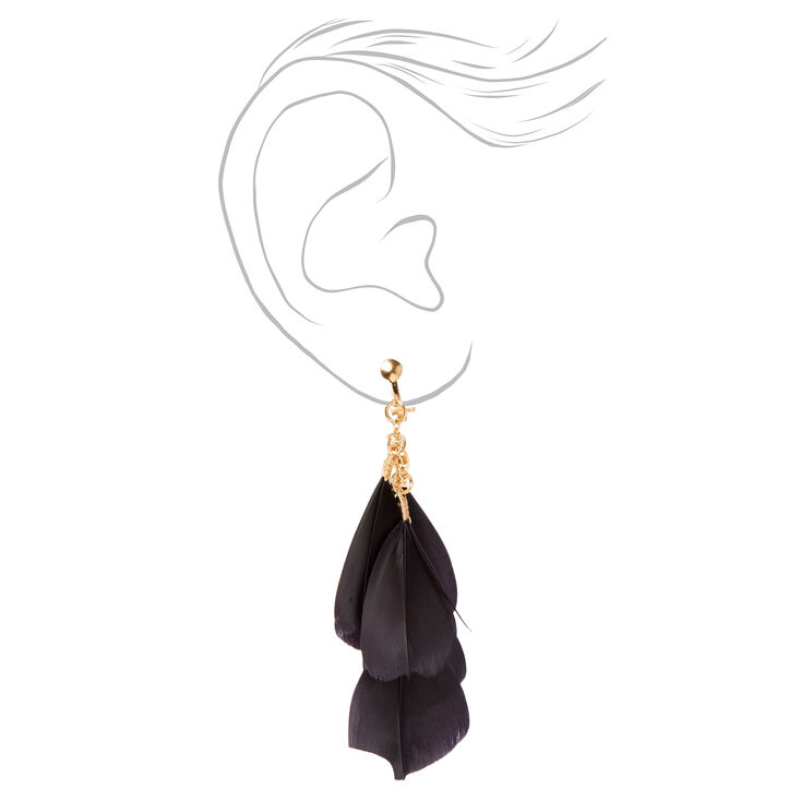 Gold-tone 3&quot; Six Feather Clip On Drop Earrings - Black,