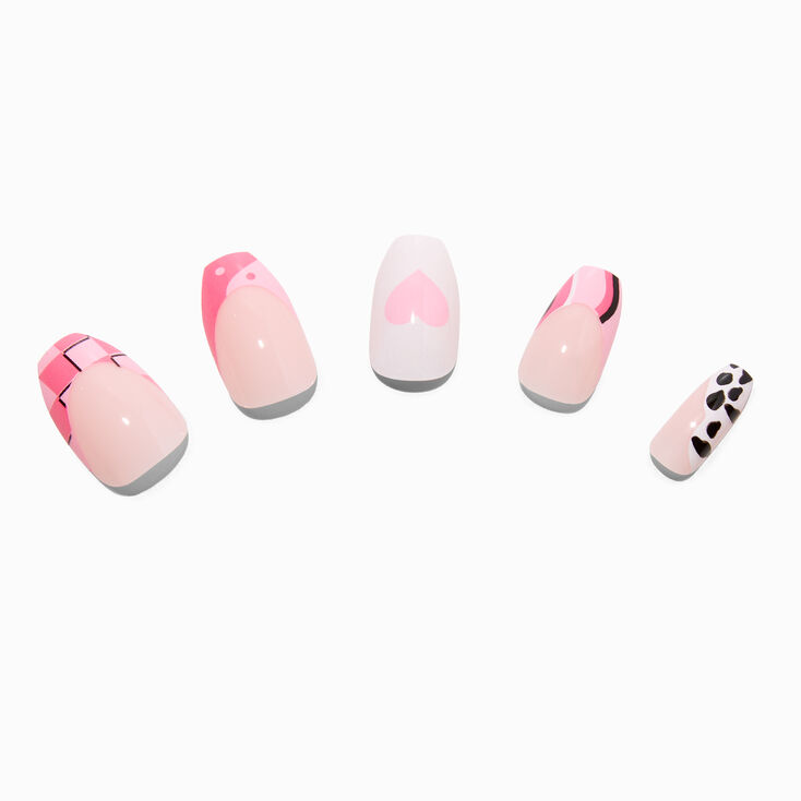 Trendy Pink Checkered Coffin Vegan Faux Nail Set (24 Pack) | Claire's US