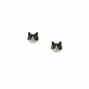 Gold Black &amp; White Cat Stud Earrings,