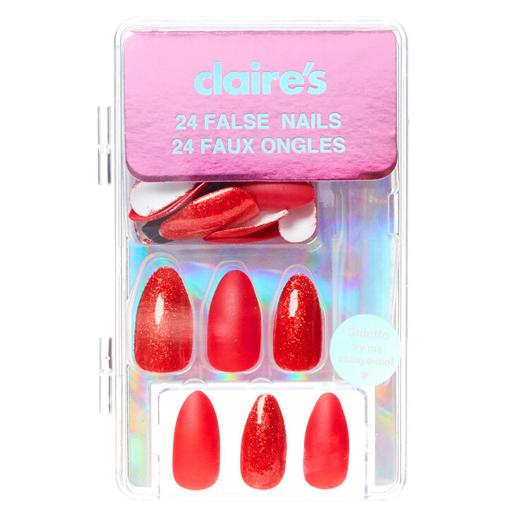 Glitter &amp; Matte Stiletto Faux Nail Set - Red, 24 Pack,