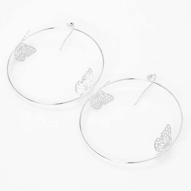 Silver Filigree Butterfly 2&quot; Hoop Earrings,