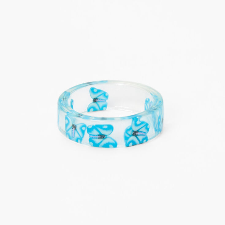 Bague en r&eacute;sine d&#39;imitation transparente avec papillon - Bleu,