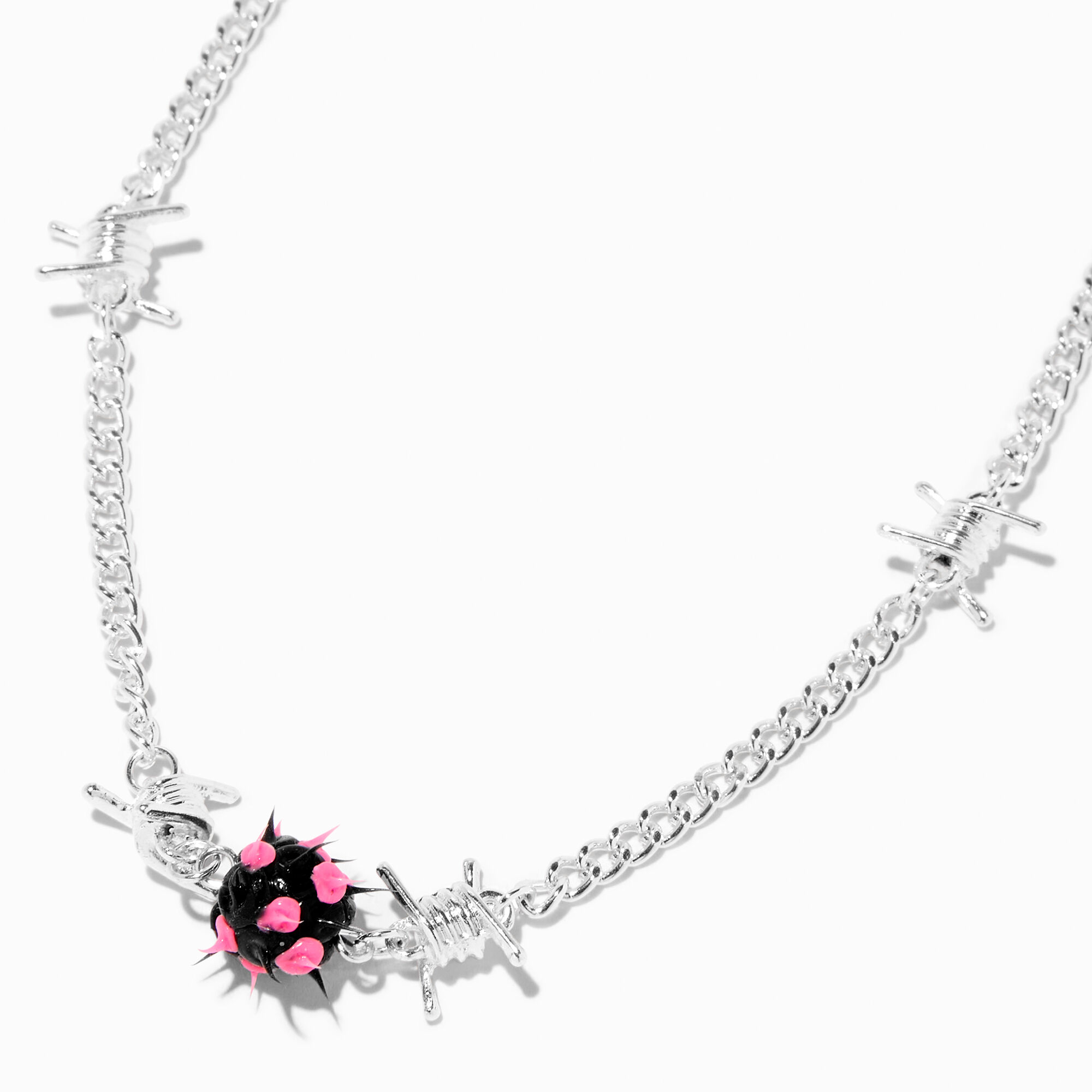 Collier boule à pointes rose fil barbelé couleur argentée,