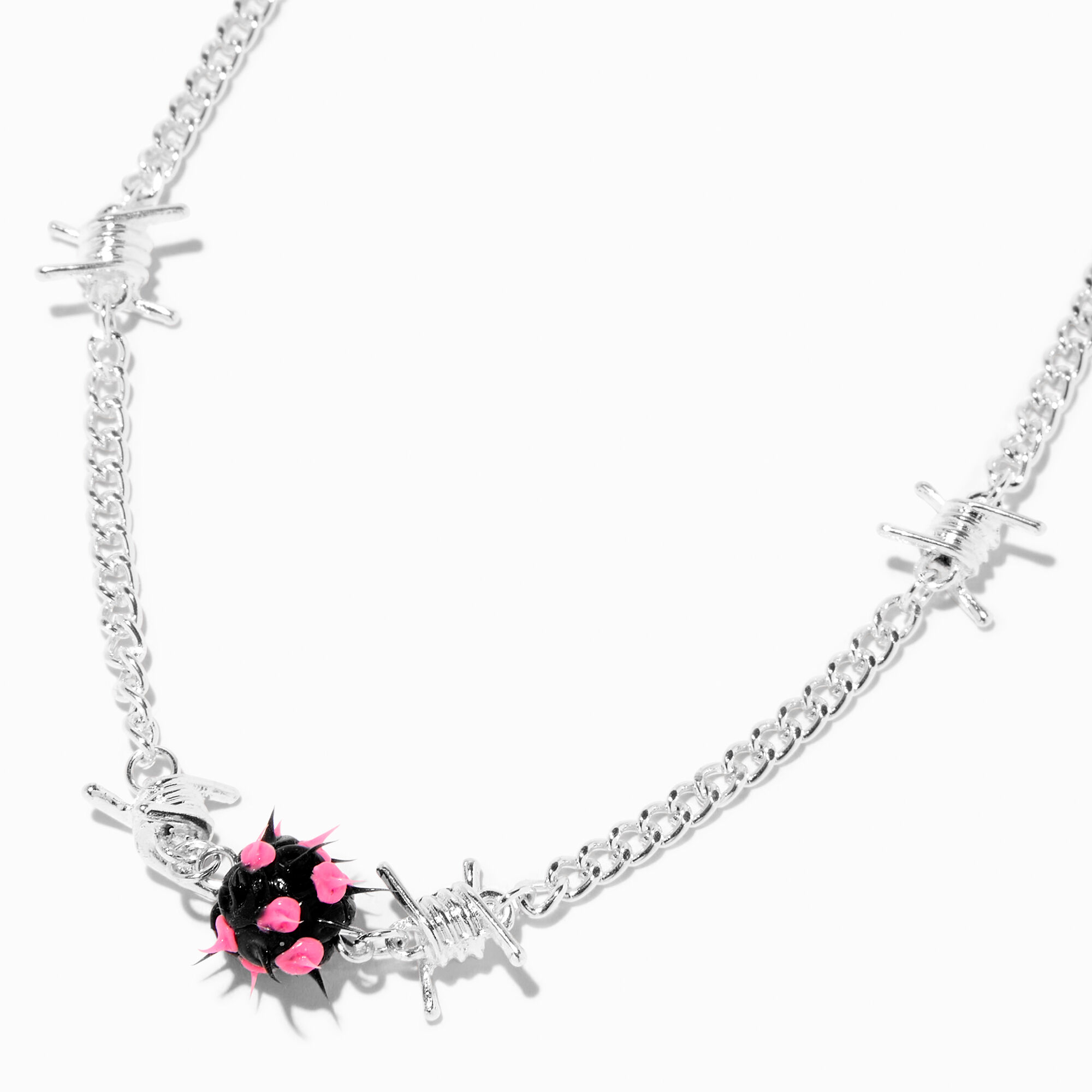 View Claires SilverTone Barbwire Spikeball Necklace Pink information